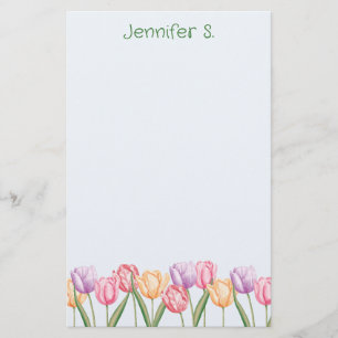 Colourful Watercolor Tulip Flowers With Custom Tex Stationery