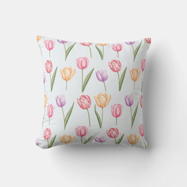 Colourful Watercolor Tulips Flower Pattern Cushion (Front)