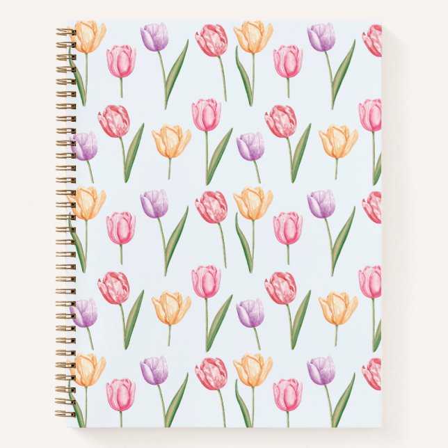 Colourful Watercolor Tulips Flower Pattern Notebook (Front)