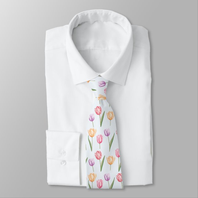 Colourful Watercolor Tulips Flower Pattern On Blue Tie (Tied)