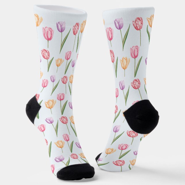 Colourful Watercolor Tulips Flower Pattern Socks (Angled)