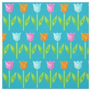 Colourful Watercolor Tulips in Pink, Blue, Orange Fabric