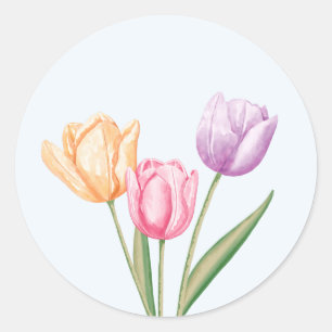 Colourful Watercolor Tulips On Light Blue Classic Round Sticker