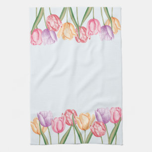Colourful Watercolor Tulips On Light Blue Tea Towel
