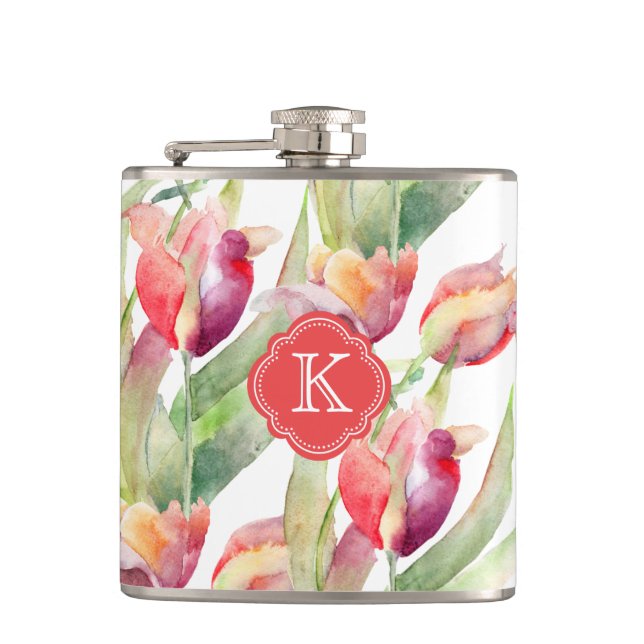 Colourful Watercolor Tulips with Monogram Hip Flask (Front)