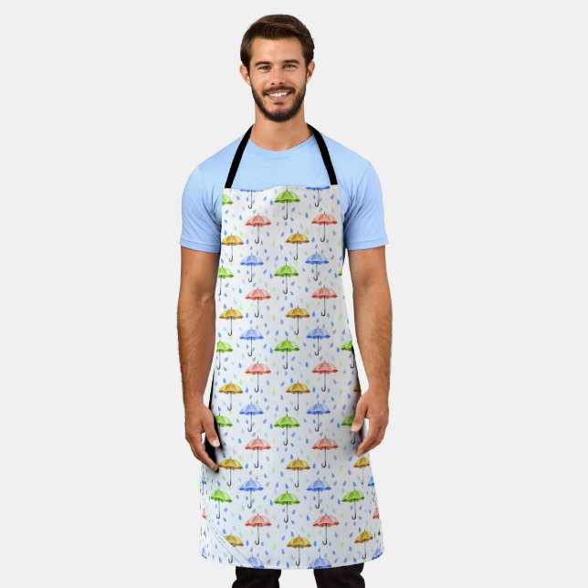 Colourful Watercolor Umbrellas and Rain Drops Fall Apron (Worn)