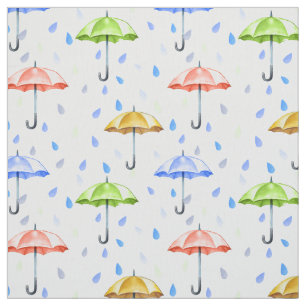 Colourful Watercolor Umbrellas and Rain Drops Fall Fabric