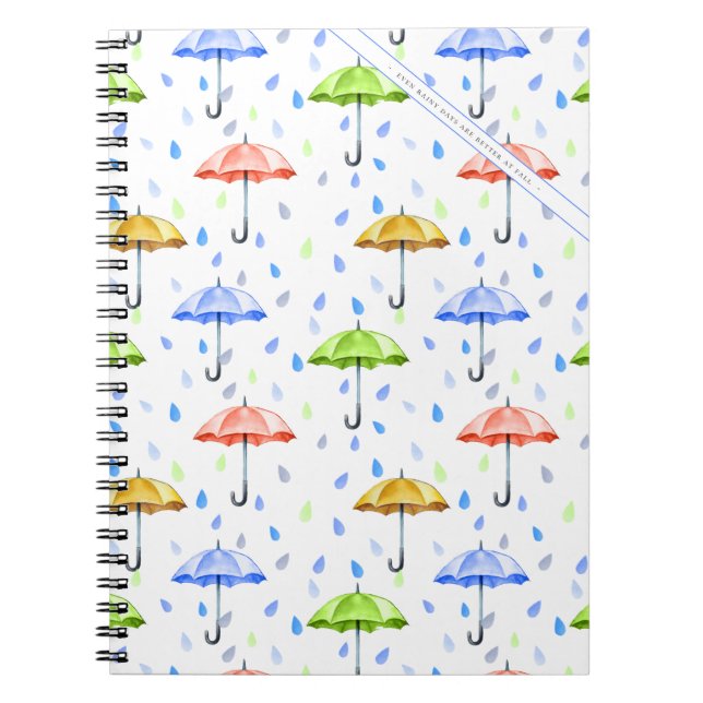 Colourful Watercolor Umbrellas and Rain Drops Fall Notebook (Front)