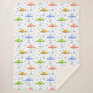 Colourful Watercolor Umbrellas and Rain Drops Fall Sherpa Blanket