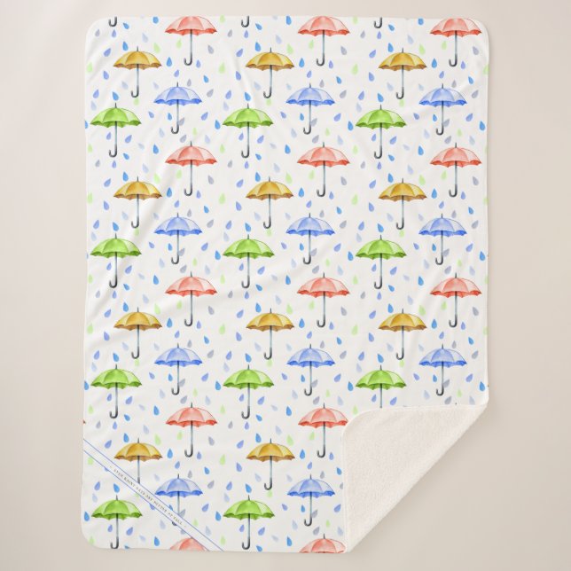 Colourful Watercolor Umbrellas and Rain Drops Fall Sherpa Blanket (Front)