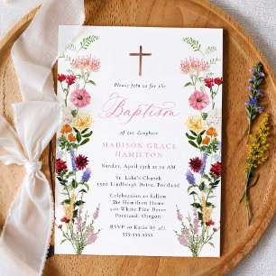 Colourful Watercolor Wildflower Baby Girl Baptism Invitation