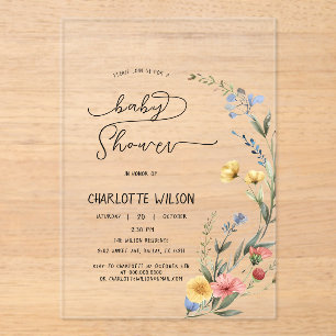 Colourful Watercolor Wildflower Baby Girl Shower Acrylic Invitations