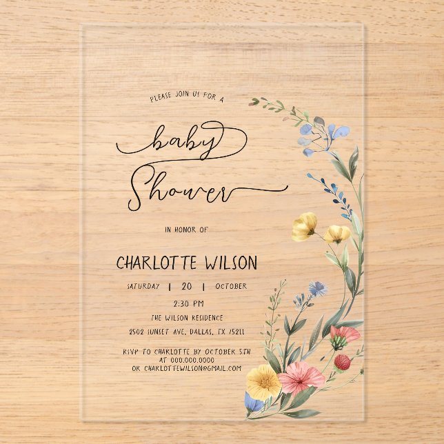 Colourful Watercolor Wildflower Baby Girl Shower Acrylic Invitations (Front)