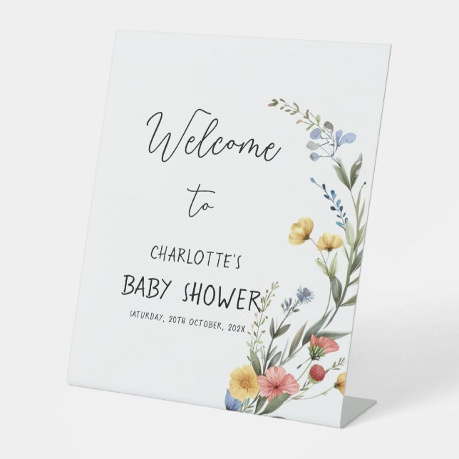Colourful Watercolor Wildflower Baby Shower Pedestal Sign (Front)