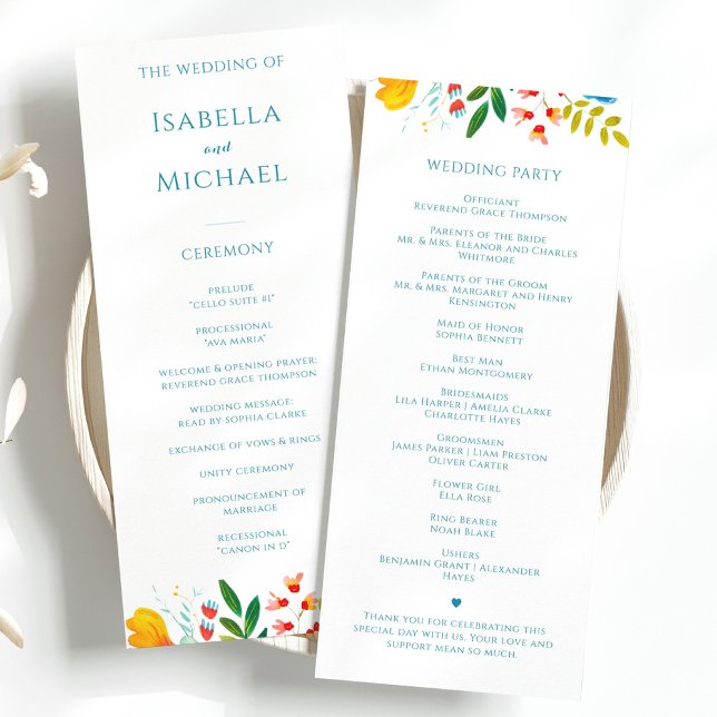 Colourful Watercolor Wildflower Floral Wedding  Programme (Creator Uploaded)