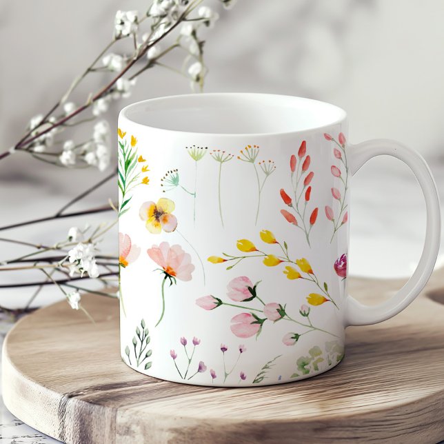 Colourful Watercolor Wildflower Meadow Coffee Mug (Colorful Watercolor Wildflower Meadow Coffee Mug on a neutral boho kitchen table.)