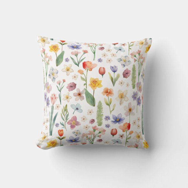Colourful Watercolor Wildflower Throw Pillow  (Front)