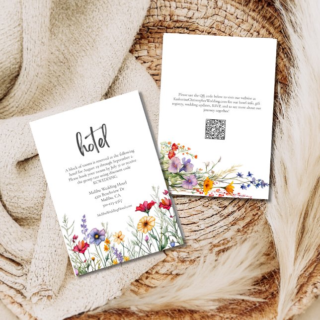 Colourful Watercolor Wildflower Wedding Hotel Enclosure Card (Colorful Watercolor Wildflowers Wedding Hotel Enclosure Card with QR code, Pink Purple Yellow Flower)