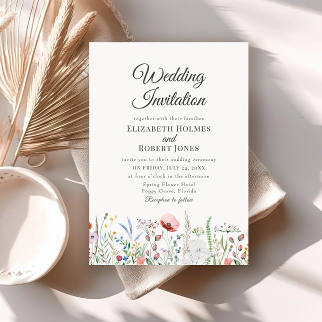 Colourful Watercolor Wildflower Wedding Invitation (Colorful Watercolor Wildflower Wedding Invitation on a neutral boho wedding table.)