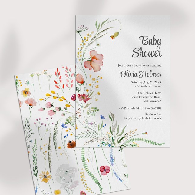 Colourful Watercolor Wildflowers Baby Shower Invitation (Colorful Watercolor Wildflowers Baby Shower Invitation on a white table.)