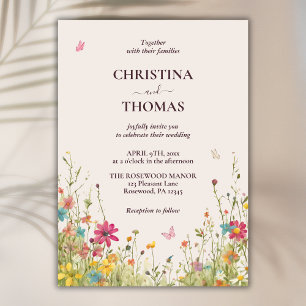 Colourful Watercolor Wildflowers Boho Beige Weddin Invitation