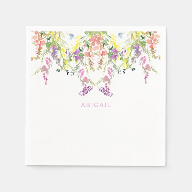 Colourful Watercolor Wildflowers Custom Name  Napkin (Front)