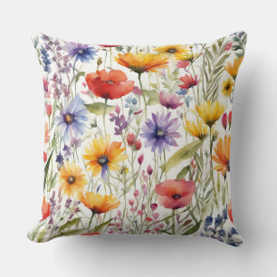 Colourful Watercolor Wildflowers Floral Design Cushion
