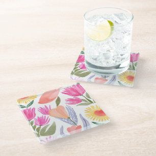 Colourful Watercolor Wildflowers Hand Painted Glass Coaster