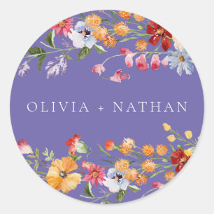 Colourful Watercolor Wildflowers Purple Wedding Classic Round Sticker