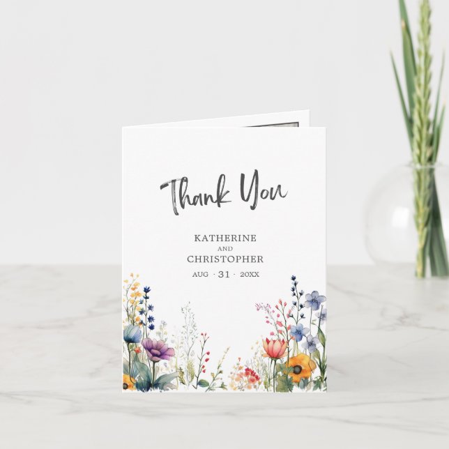 Colourful Watercolor Wildflowers Wedding Photo Thank You Card (Front)
