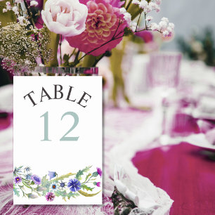 Colourful watercolor wildflowers wedding table number