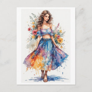 Colourful Watercolor Young Lady Design on a Holiday Postcard