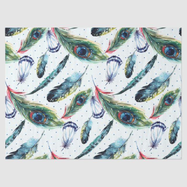 Colourful WatercolorPheasant Feathers Pattern Tissue Paper (Front)