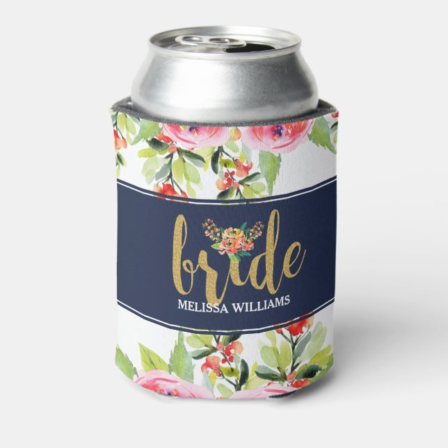 Colourful Watercolors Bouquet Gold Bride Text Can Cooler (Can Back)