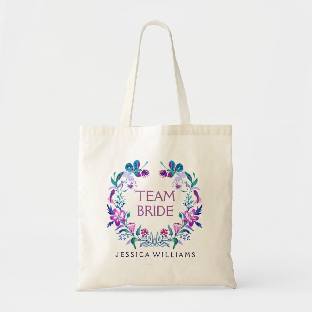Colourful Watercolors Floral Wreath Team Bride Tote Bag (Front)