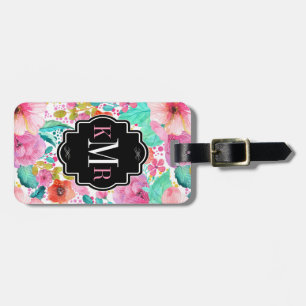 Colourful Watercolors Flowers Monogram Luggage Tag