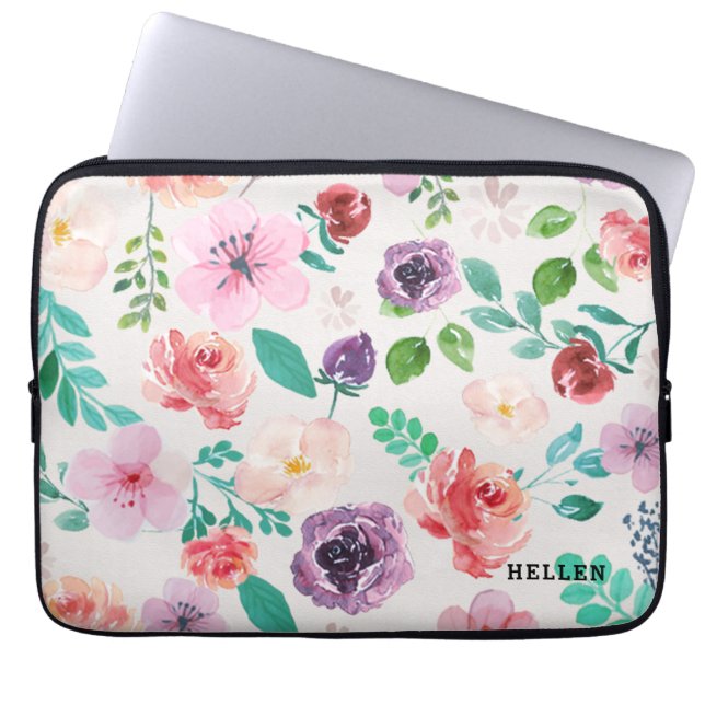 Colourful Watercolors Flowers Pattern Laptop Sleeve (Front)