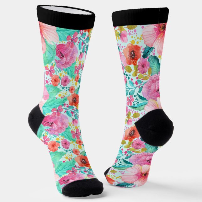 Colourful watercolors flowers pattern socks (Angled)