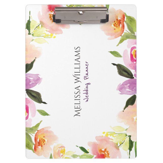 Colourful Watercolors Flowers Wedding Wreath Clipboard (Front)