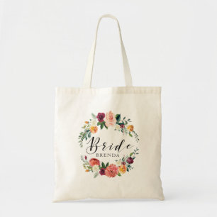Colourful watercolors flowers wreath Bride typogra Tote Bag