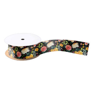 Colourful watercolors garden flowers pattern satin ribbon