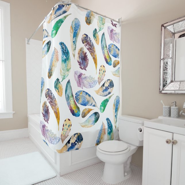 Colourful Watercolors Tribal Feather Pattern Shower Curtain (In Situ)