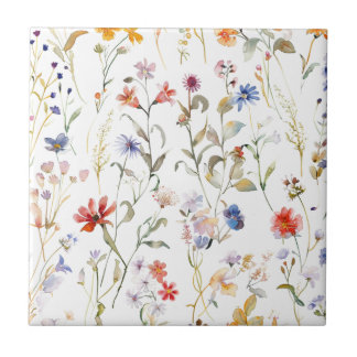 Colourful watercolour wild flower tile