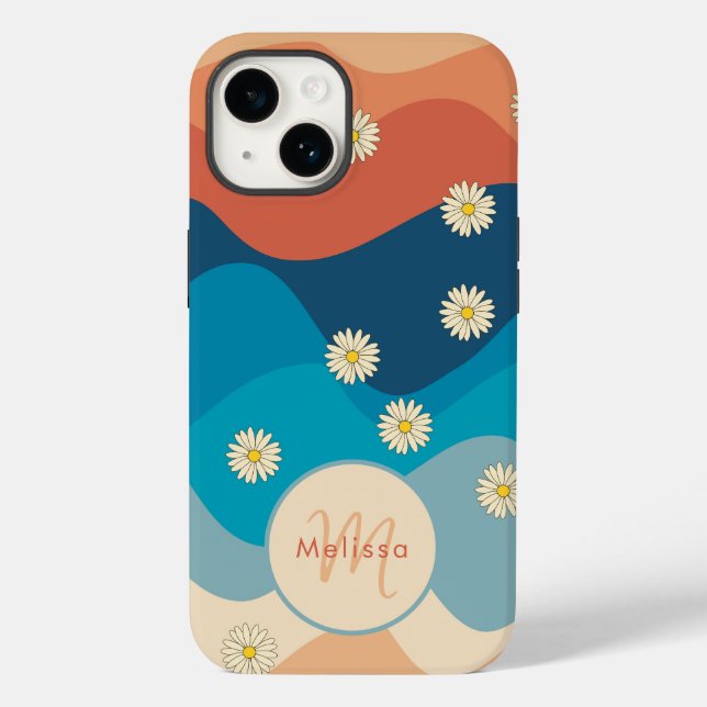 Colourful Waves & Daisies Pattern Monogram Case-Mate iPhone Case (Back)