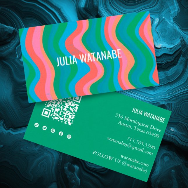 Colourful Waves Stripes QR Code Social Media Chic  Business Card (Blue and pink bold stripe custom business card with QR code and social media icons)