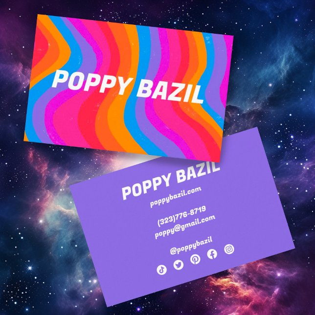 Colourful Wavy Stripes Minimalist Rainbow Bold  Business Card (Colorful rainbow stripes decorate this fun custom business cards with social media icons
)