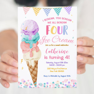 Colourful We Scream Four Ice Cream Fourth Birthday Invitation
