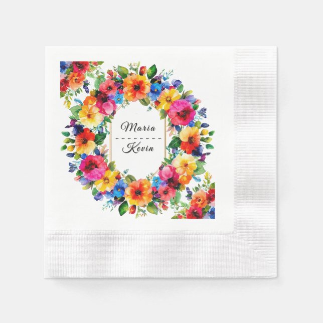 Colourful Wedding Floral Wreath Napkin (Front)