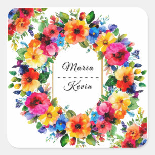 Colourful Wedding Floral Wreath Square Sticker