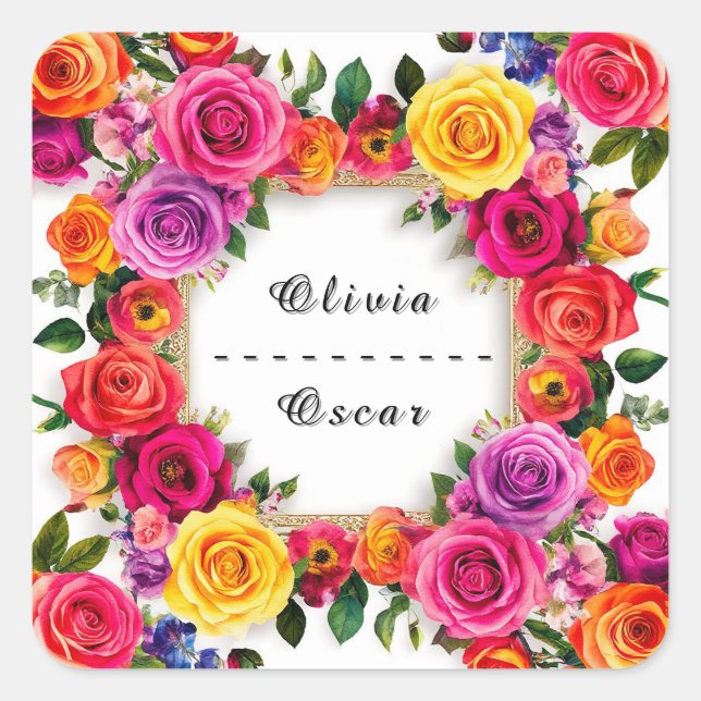 Colourful Wedding Floral Wreath Square Sticker (Front)